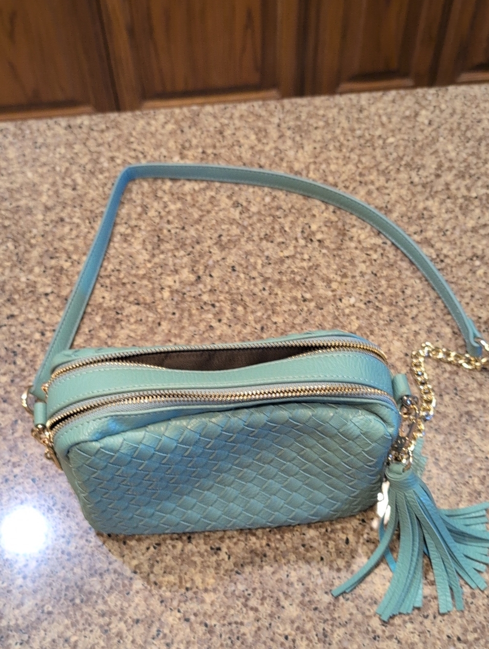 Woven Teal Crossbody Bag with Tassel
